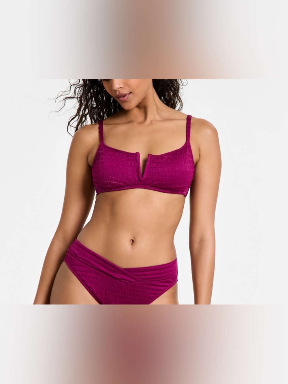 Bar III Women’s Pucker Up V-Wire Bralette Bikini Top and Bottom- Plumberry L